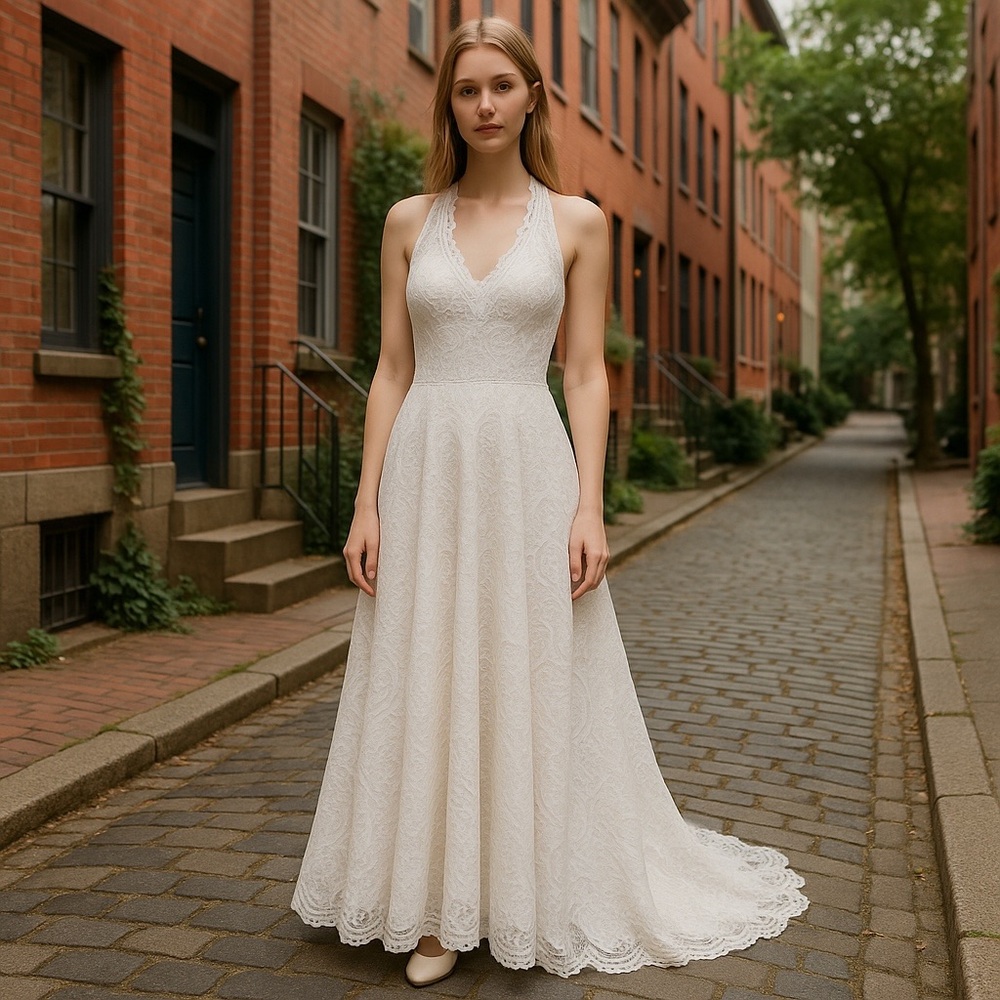 Elegant White Halter Lace Gown